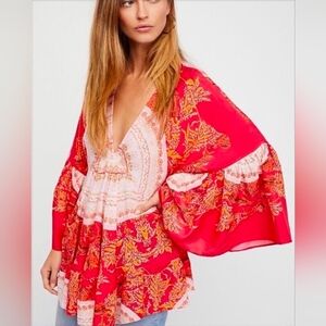 Free People Sunset Dreams Ruffle Sleeve Tunic Top Size Medium